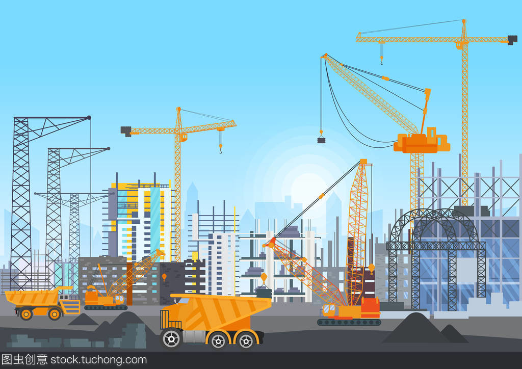 城市天际线建筑物建设施工用塔式起重机。房屋和建筑机械的建设工作进程。矢量图