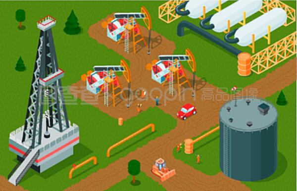 等距石油工业水平组成与石油生产设施储存和工厂建筑泵千斤顶矢量插图